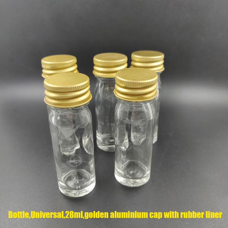 Universal bottle, gold aluminium screw cap, 28ml, fitted with rubber